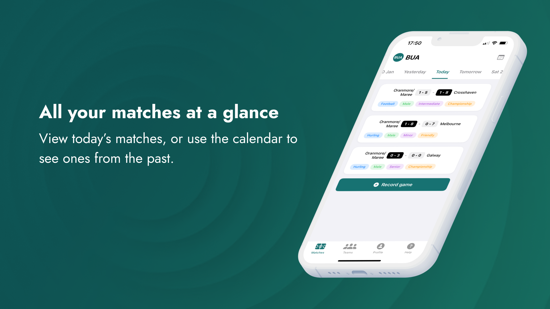 Bua home page showing recent matches