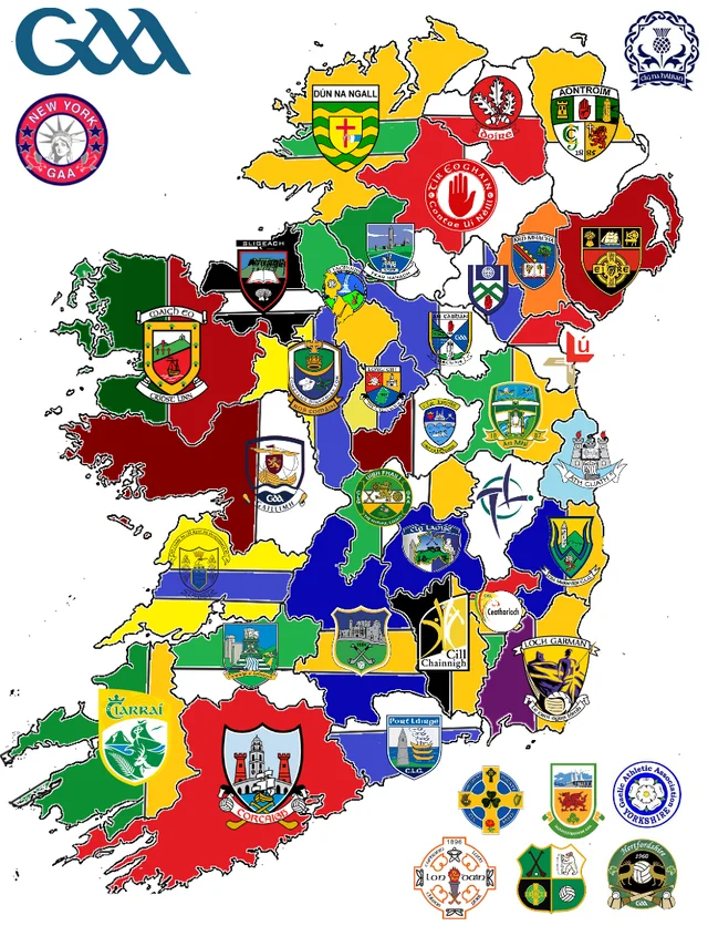 Map of Ireland overlayed with logos and primary colors of the county level teams. All counties have both Gaelic Football and Hurling teams.
