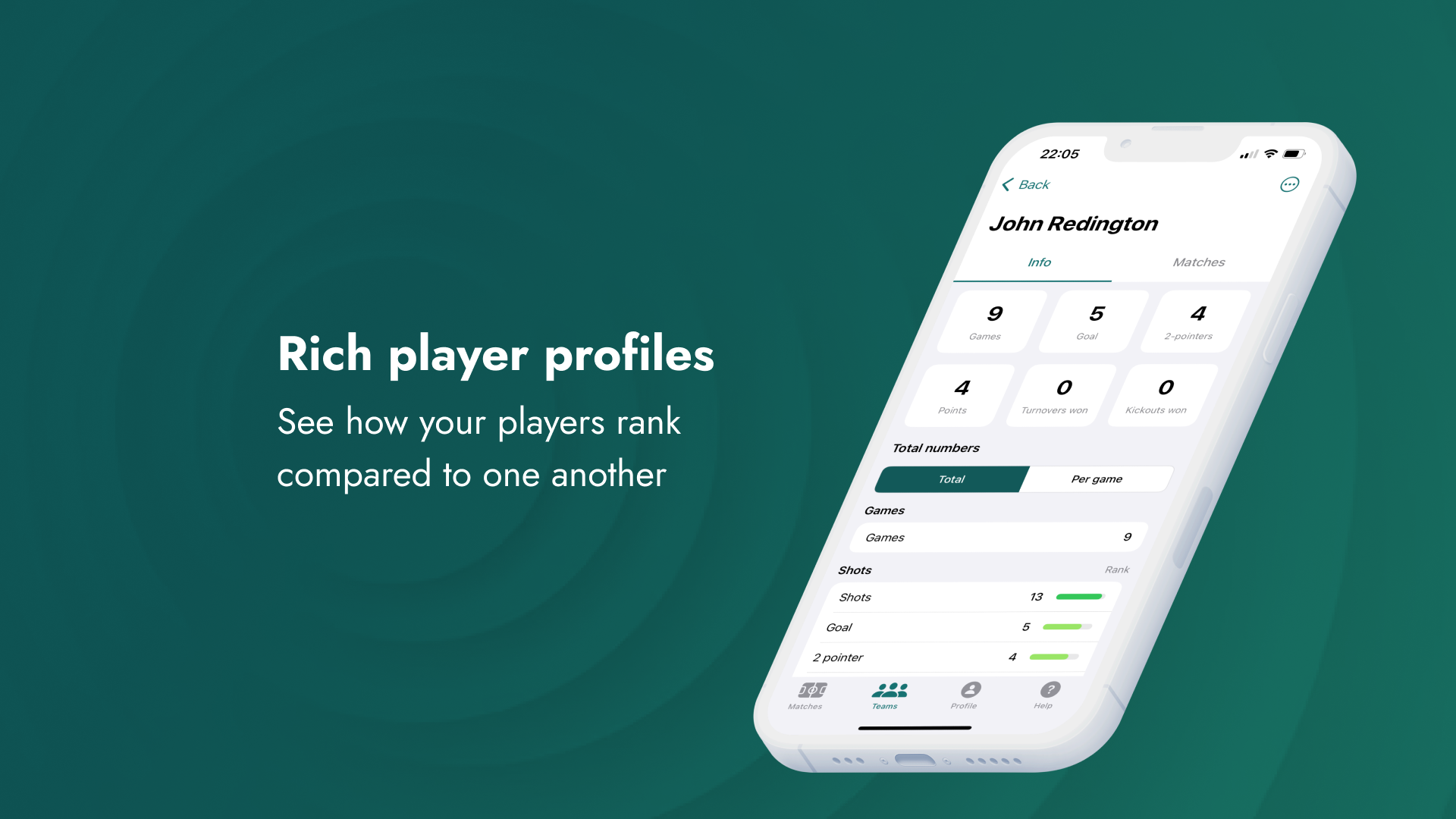 Player profile with performance stats