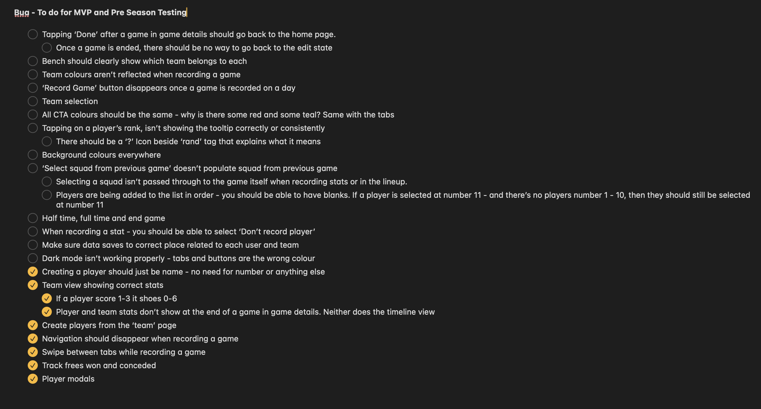 Feature checklist for the app